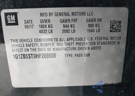 2017 Chevrolet Malibu z USA, uszkodzony, nr VIN 1G1ZB5ST9HF268908